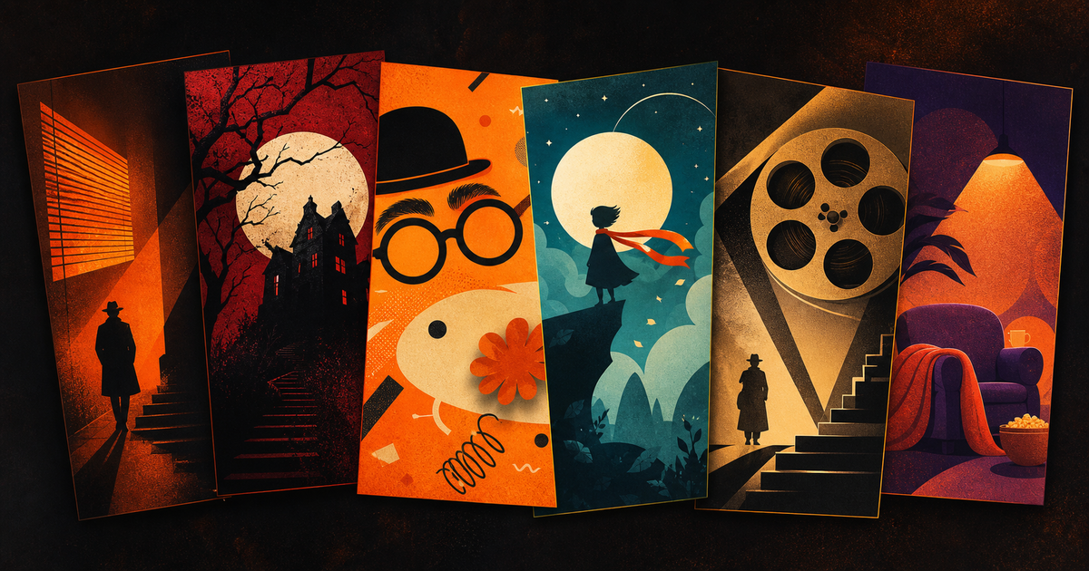 Six colorful, overlapping film-inspired panels on a warm Pretzel orange and charcoal background.
