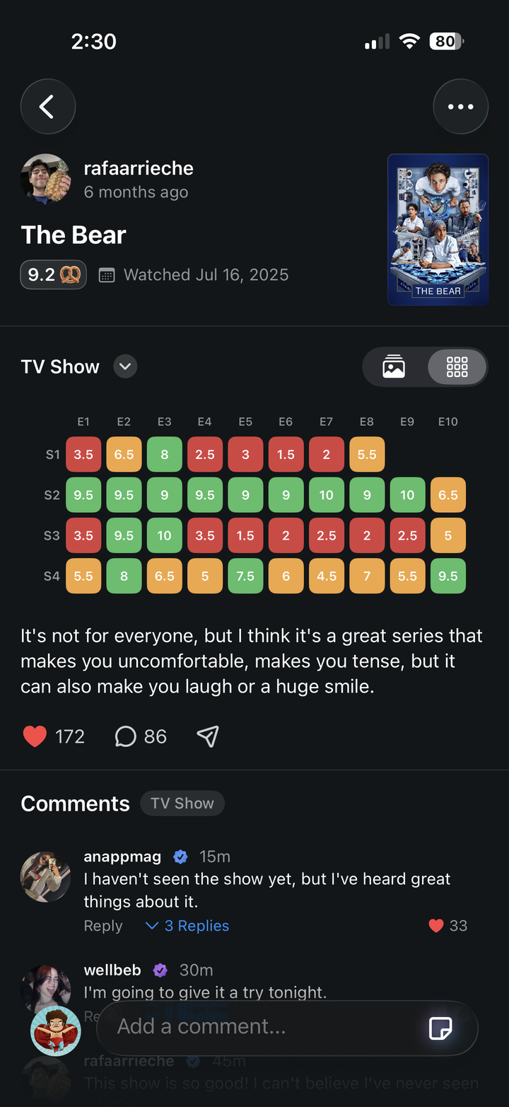 Pretzel episode rating and detail screen.