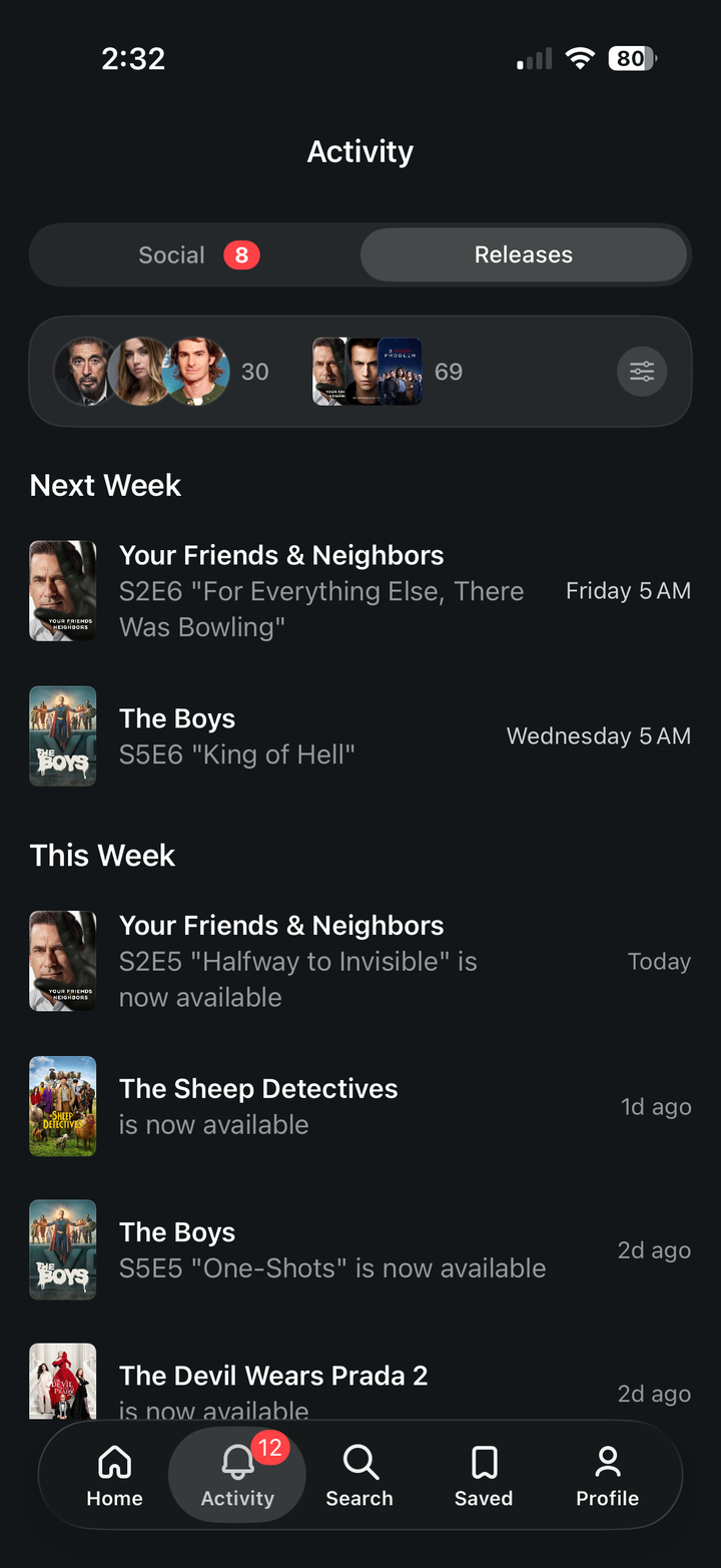 Pretzel release activity screen with upcoming titles and updates.