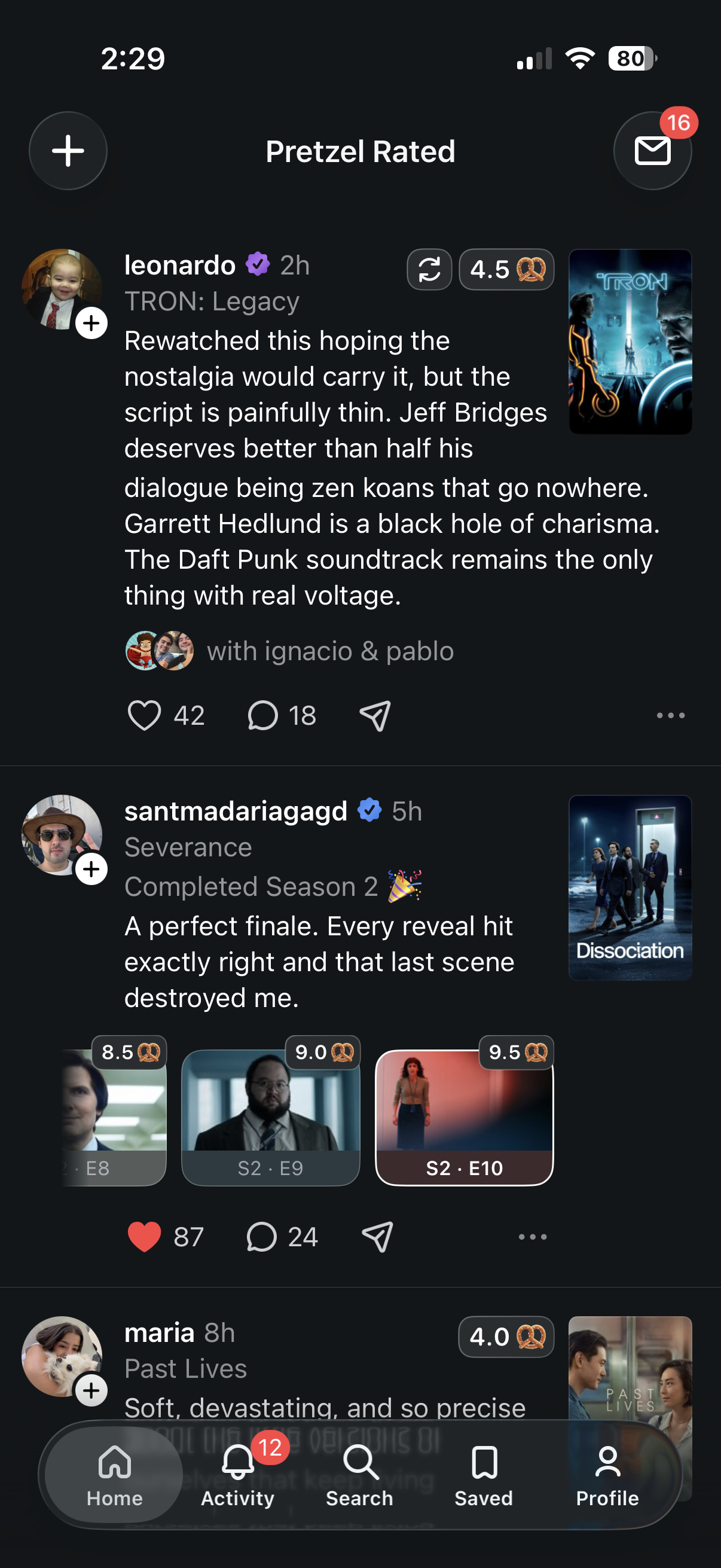 Friends activity feed with recent ratings and reviews.
