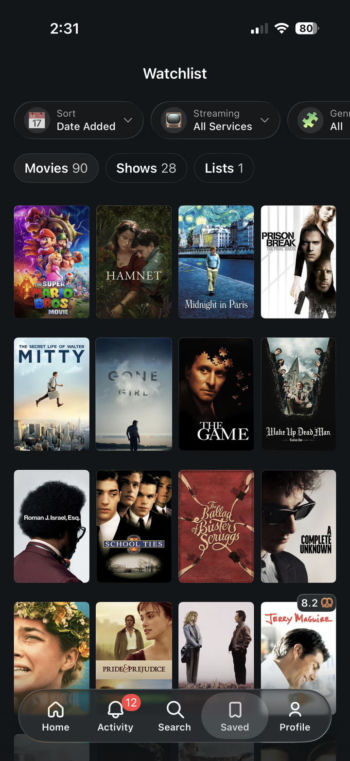 Pretzel watchlist filtered by streaming service.