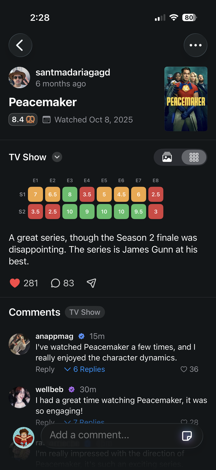 Pretzel Rated episode detail screen with rating controls and review context.