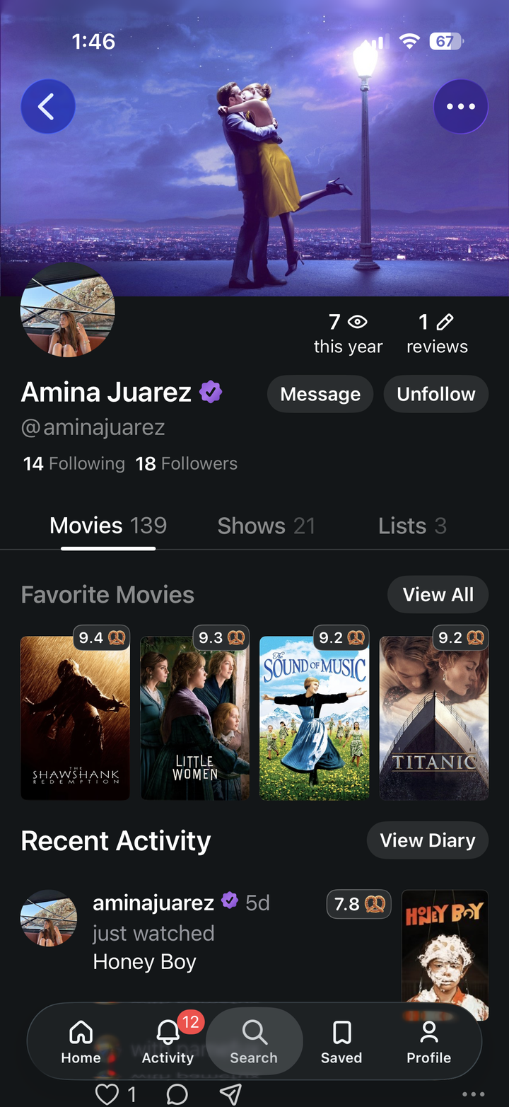 Pretzel user profile with favorites, ratings, and recent activity.