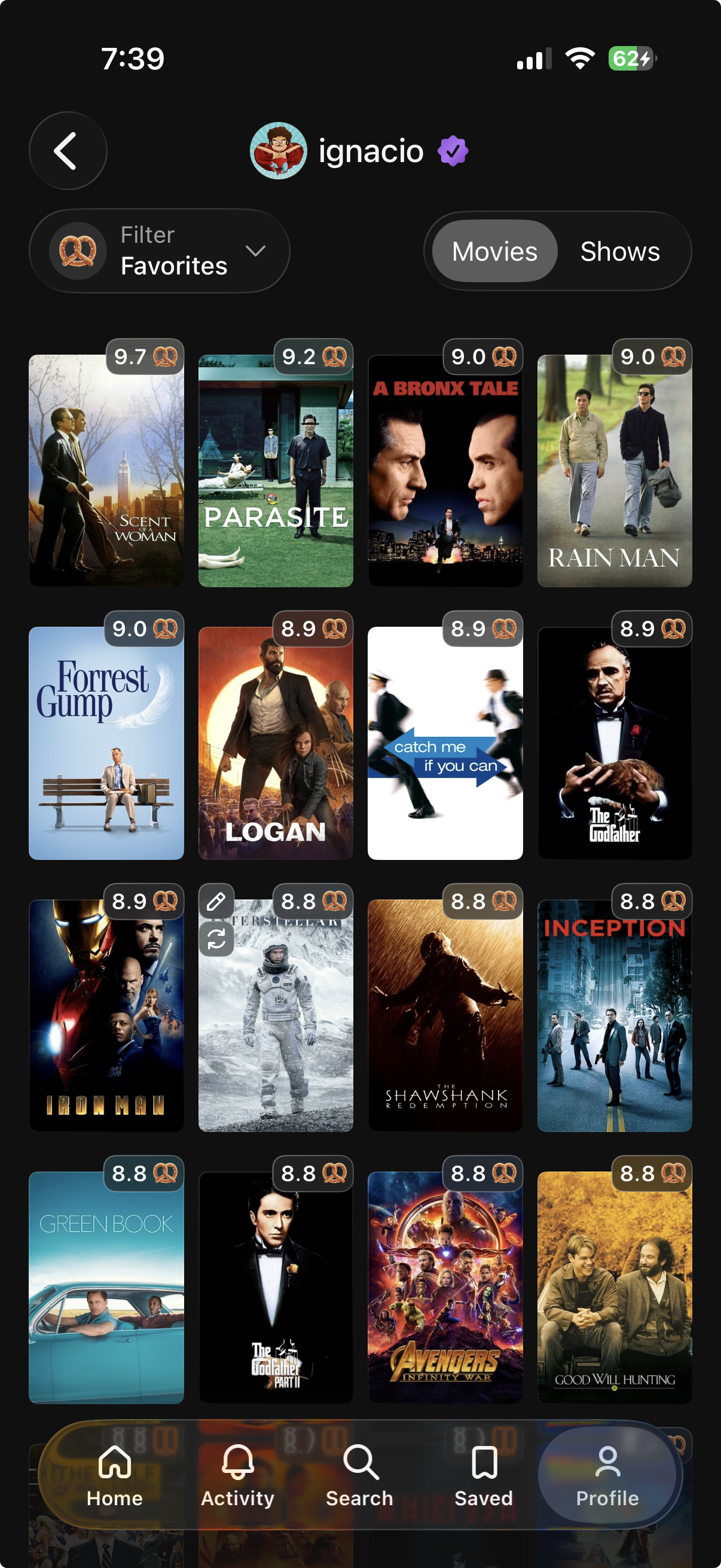 Profile screen showing a grid of favorite movies rated by a friend.