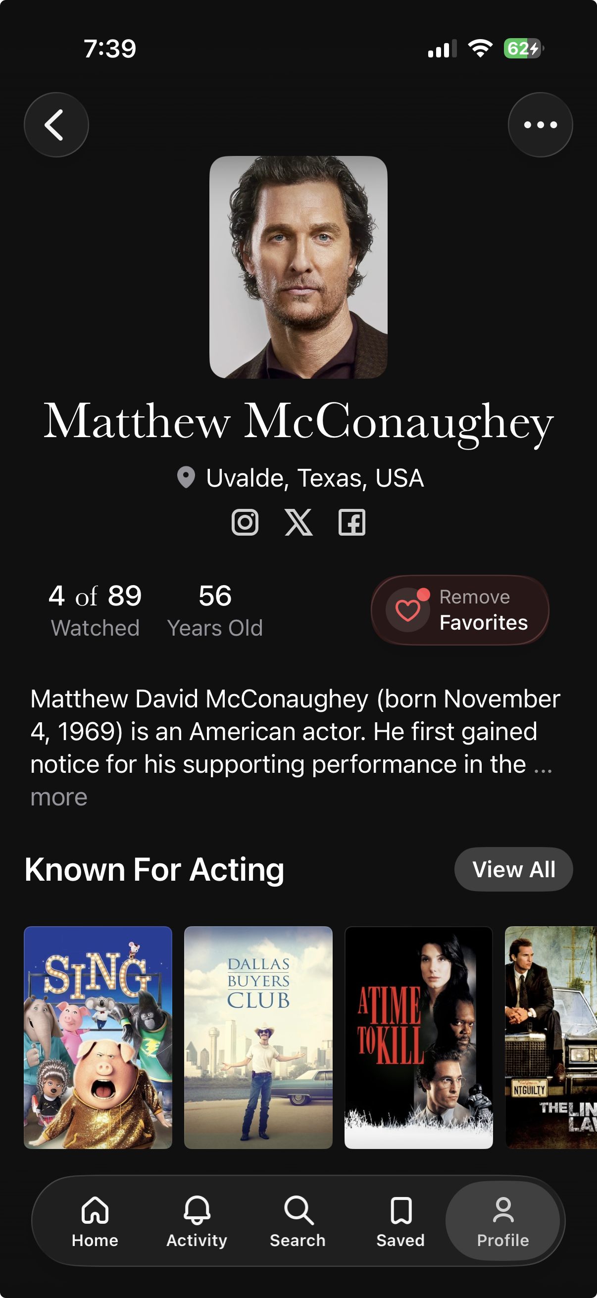 Actor profile screen with filmography and social links.