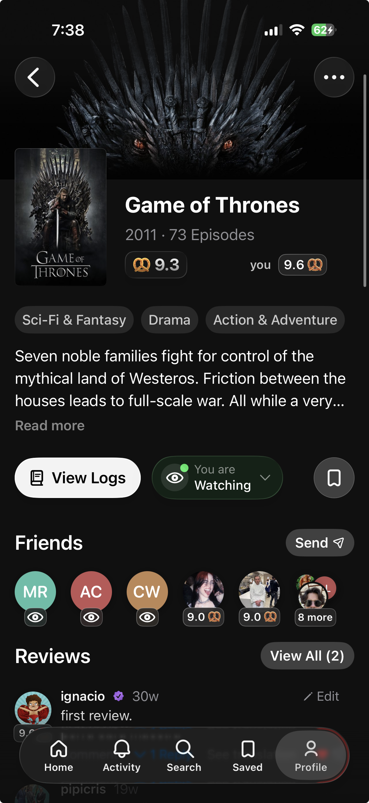 Game of Thrones show detail with ratings, friends, and reviews.