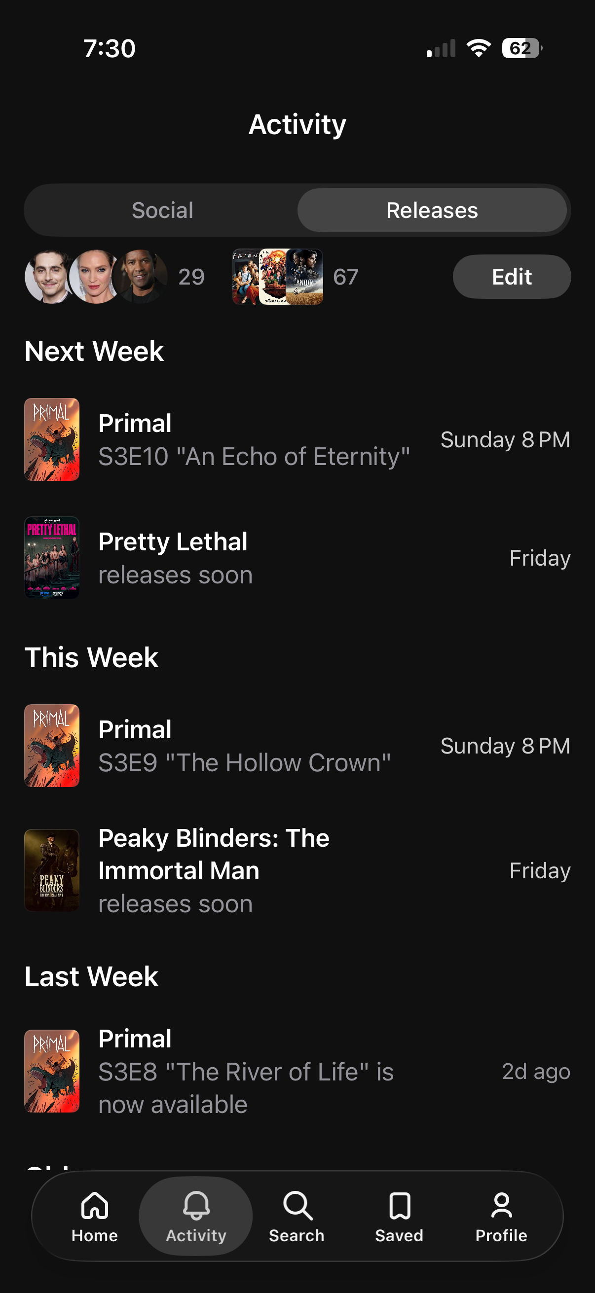 Activity screen showing upcoming episode releases and watch schedule.