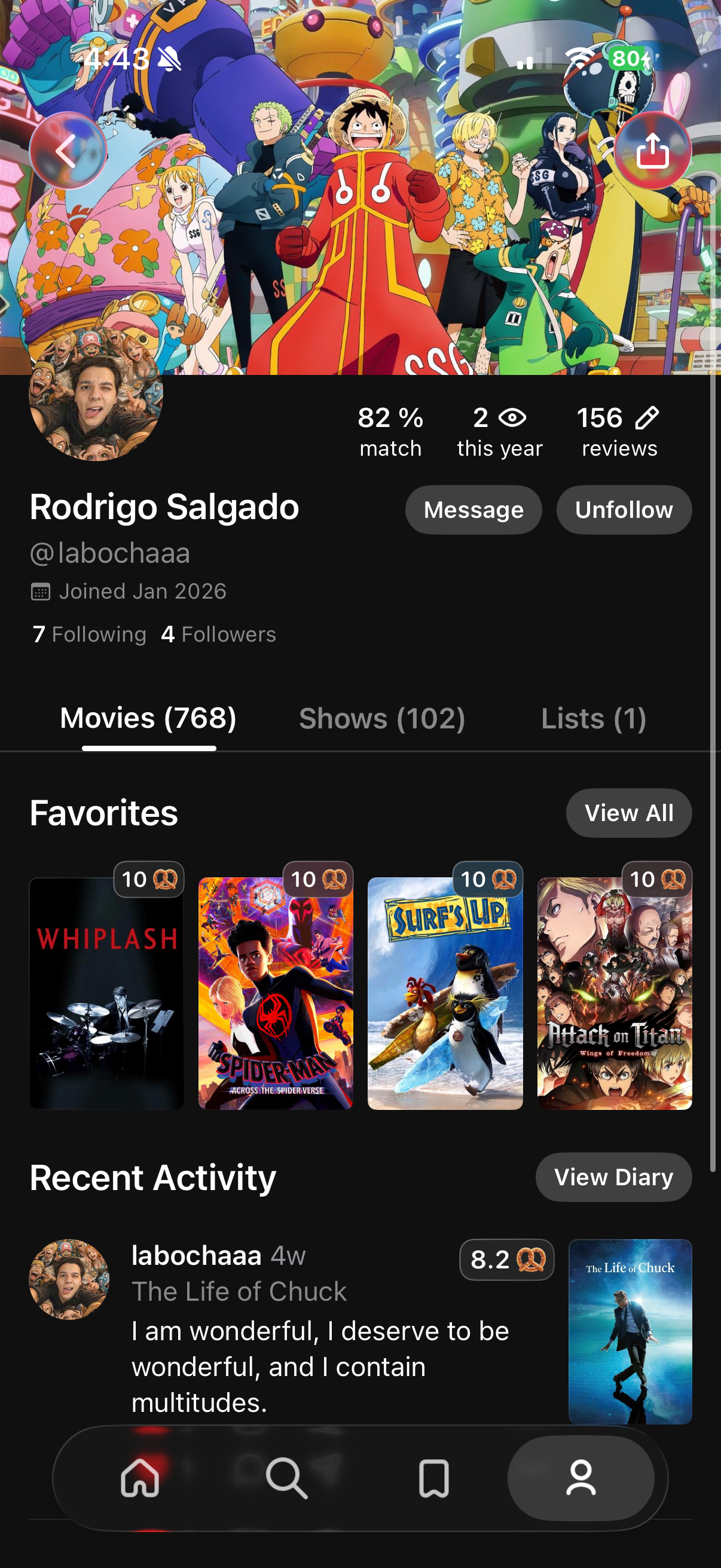 User profile with watch stats